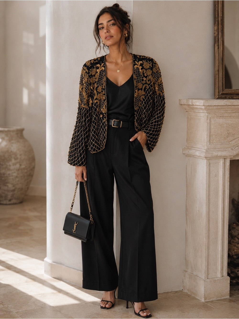 Vintage SKC 100% Silk Black & Gold Beaded Jacket | Hand Beaded Statement Piece